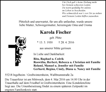 Traueranzeige von Karola Fischer von  Allgemeine  Zeitung Ingelheim-Bingen
