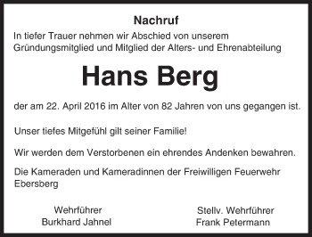 Traueranzeige von Hans Berg von Trauerportal Echo Online