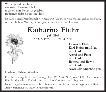 Traueranzeige von Katharina Fluhr von  Allgemeine Zeitung Alzey