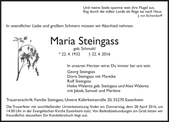 Traueranzeige von Maria Steingass von  Allgemeine Zeitung Mainz