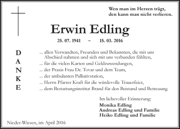 Traueranzeige von Erwin Edling von  Allgemeine Zeitung Alzey