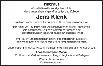 Traueranzeige von Jens Klenk von trauer.echo-online.de