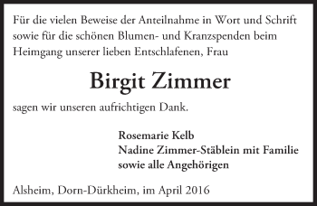 Traueranzeige von Birgit Zimmer von  Wormser Zeitung