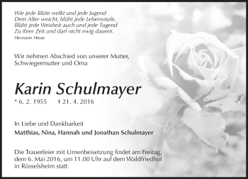 Traueranzeige von Karin Schulmayer von Trauerportal Echo Online