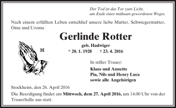 Traueranzeige von Gerlinde Rotter von  Kreisanzeiger