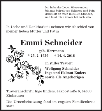 Traueranzeige von Emmi Schneider von Trauerportal Echo Online