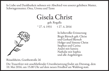Traueranzeige von Gisela Christ von  Mainspitze Traueranzeige von Gisela Christ von  Mainspitze