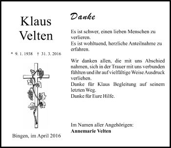 Traueranzeige von Klaus Velten von  Allgemeine  Zeitung Ingelheim-Bingen