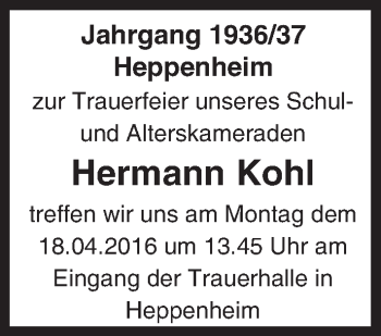 Traueranzeige von Hermann Kohl von trauer.echo-online.de