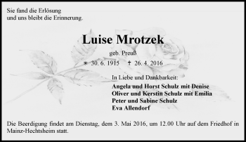 Traueranzeige von Luise Mrotzek von  Allgemeine Zeitung Mainz