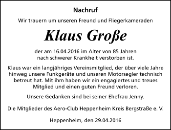 Traueranzeige von Klaus Große von Trauerportal Echo Online