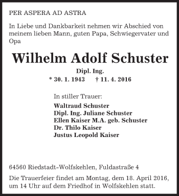 Traueranzeige von Wilhelm Adolf Schuster von trauer.echo-online.de