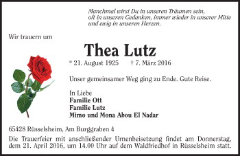 Traueranzeige von Thea Lutz von trauer.echo-online.de Traueranzeige von Thea Lutz von trauer.echo-online.de