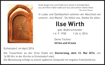 Traueranzeige von Ilse Wirth von  Kreisanzeiger