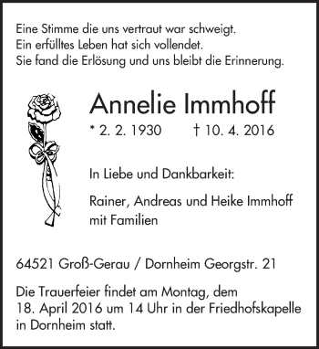 Traueranzeige von Annelie Immhoff von trauer.echo-online.de