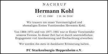 Traueranzeige von Hermann Kohl von trauer.echo-online.de