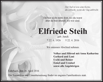 Traueranzeige von Elfriede Steih von VRM Trauer