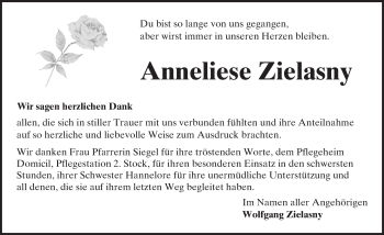 Traueranzeige von Anneliese Zielasny von  Wormser Zeitung