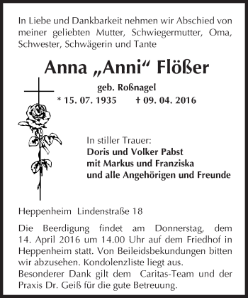 Traueranzeige von Anna Flößer von trauer.echo-online.de