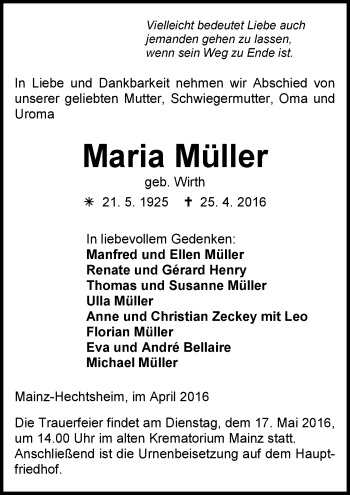 Traueranzeige von Maria Müller von  Allgemeine Zeitung Mainz