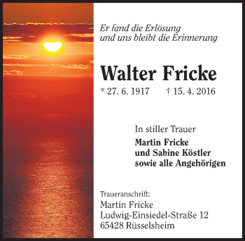 Traueranzeige von Walter Fricke von Trauerportal Echo Online