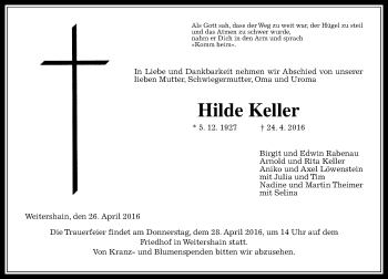 Traueranzeige von Hilde Keller von  Gießener Anzeiger