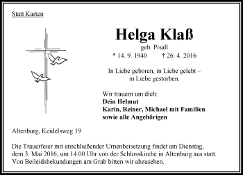 Traueranzeige von Helga Klaß von VRM Trauer