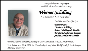 Traueranzeige von Werner Schilling von Trauerportal Echo Online