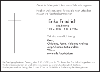 Traueranzeige von Erika Friedrich von Trauerportal Echo Online