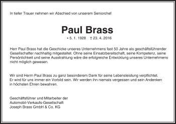 Traueranzeige von Paul Brass von Trauerportal Echo Online