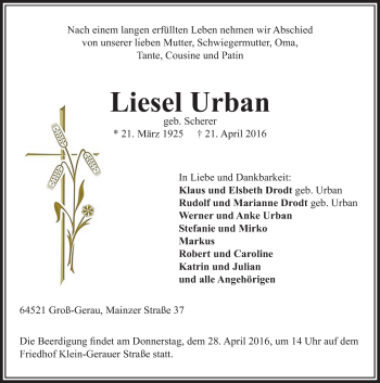 Traueranzeige von Liesel Urban von trauer.echo-online.de