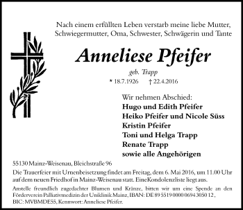 Traueranzeige von Anneliese Pfeifer von  Allgemeine Zeitung Mainz