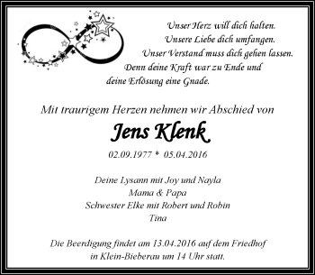 Traueranzeige von Jens Klenk von trauer.echo-online.de