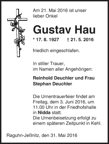 Traueranzeige von Gustav Hau von  Kreisanzeiger