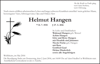 Traueranzeige von Helmut Hangen von  Allgemeine  Zeitung Ingelheim-Bingen