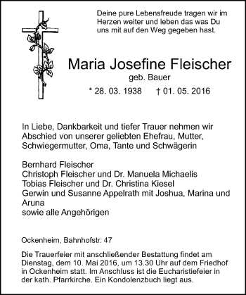 Traueranzeige von Maria Josefine Fleischer von  Allgemeine  Zeitung Ingelheim-Bingen