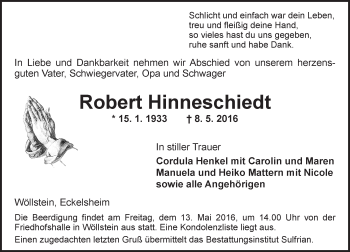 Traueranzeige von Robert Hinneschiedt von  Allgemeine Zeitung Alzey