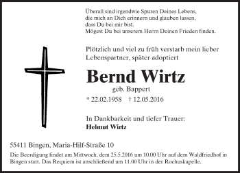 Traueranzeige von Bernd Wirtz von  Allgemeine  Zeitung Ingelheim-Bingen