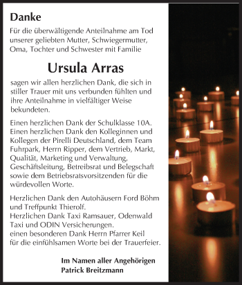 Traueranzeige von Ursula Arras von Trauerportal Echo Online