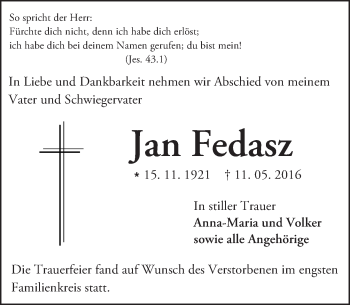 Traueranzeige von Jan Fedasz von Trauerportal Echo Online