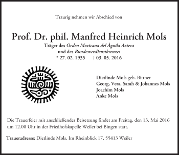 Traueranzeige von Manfred Heinrich Mols von  Allgemeine  Zeitung Ingelheim-Bingen