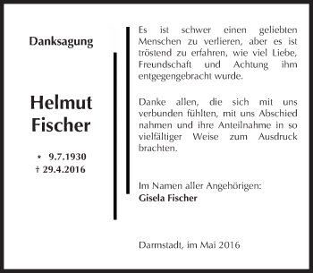 Traueranzeige von Helmut Fischer von Trauerportal Echo Online