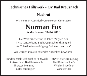 Traueranzeige von Normen Fox von  Allg. Zeitung Bad Kreuznach