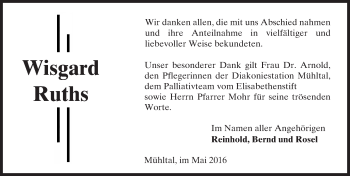 Traueranzeige von Wisgard Ruths von Trauerportal Echo Online