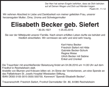 Traueranzeige von Elisabeth Becker von Trauerportal Echo Online