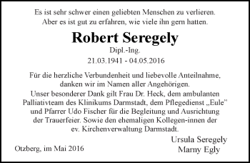 Traueranzeige von Robert Seregely von Trauerportal Echo Online