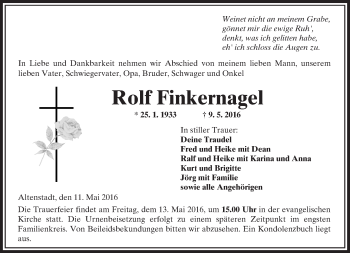 Traueranzeige von Rolf Finkernagel von  Kreisanzeiger