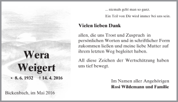 Traueranzeige von Wera Weigert von Trauerportal Echo Online