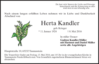 Traueranzeige von Herta Kandler von  Wiesbaden komplett