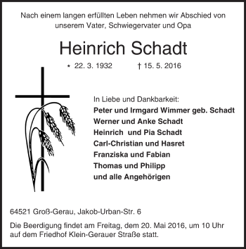 Traueranzeige von Heinrich Schadt von Trauerportal Echo Online